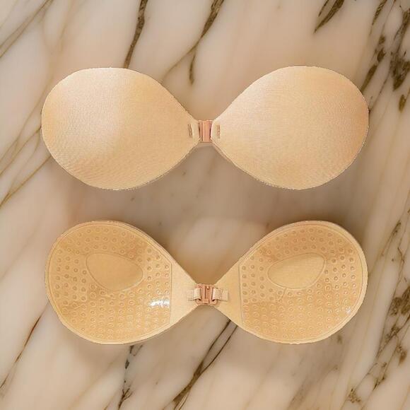 New 2x pairs B cup Apricot Adhesive Strapless Bra Front Clasp Wireless Push Up - Picture 1 of 2